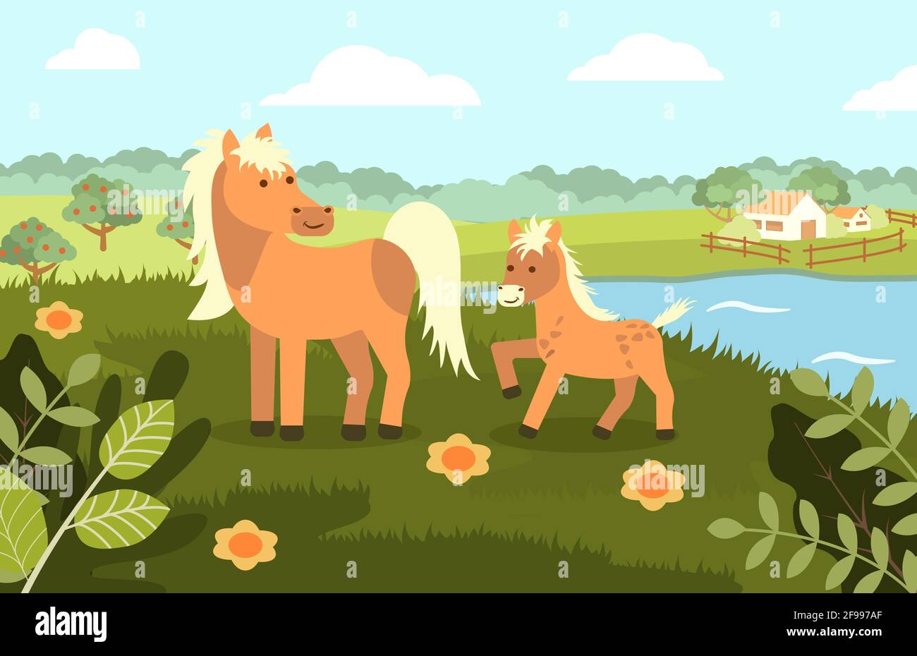 Ein Pferd mit einem Fohlen auf dem Hintergrund einer ländlichen Landschaft in einem flachen Stil. Vektorgrafik Stock Vektor