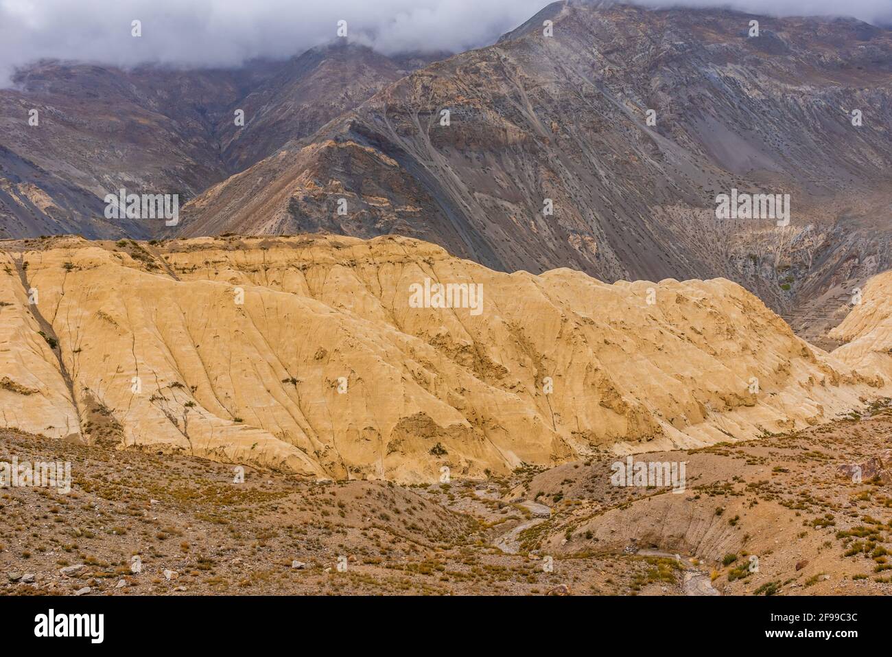 Die Wassererosion ist eine Wassererosion, die in der trockenen, kalten Wüstenlandschaft von Spiti aufgrund karger steiler Hänge und schwacher, nicht konsolidierter geologischer Oberfläche auffällt Stockfoto