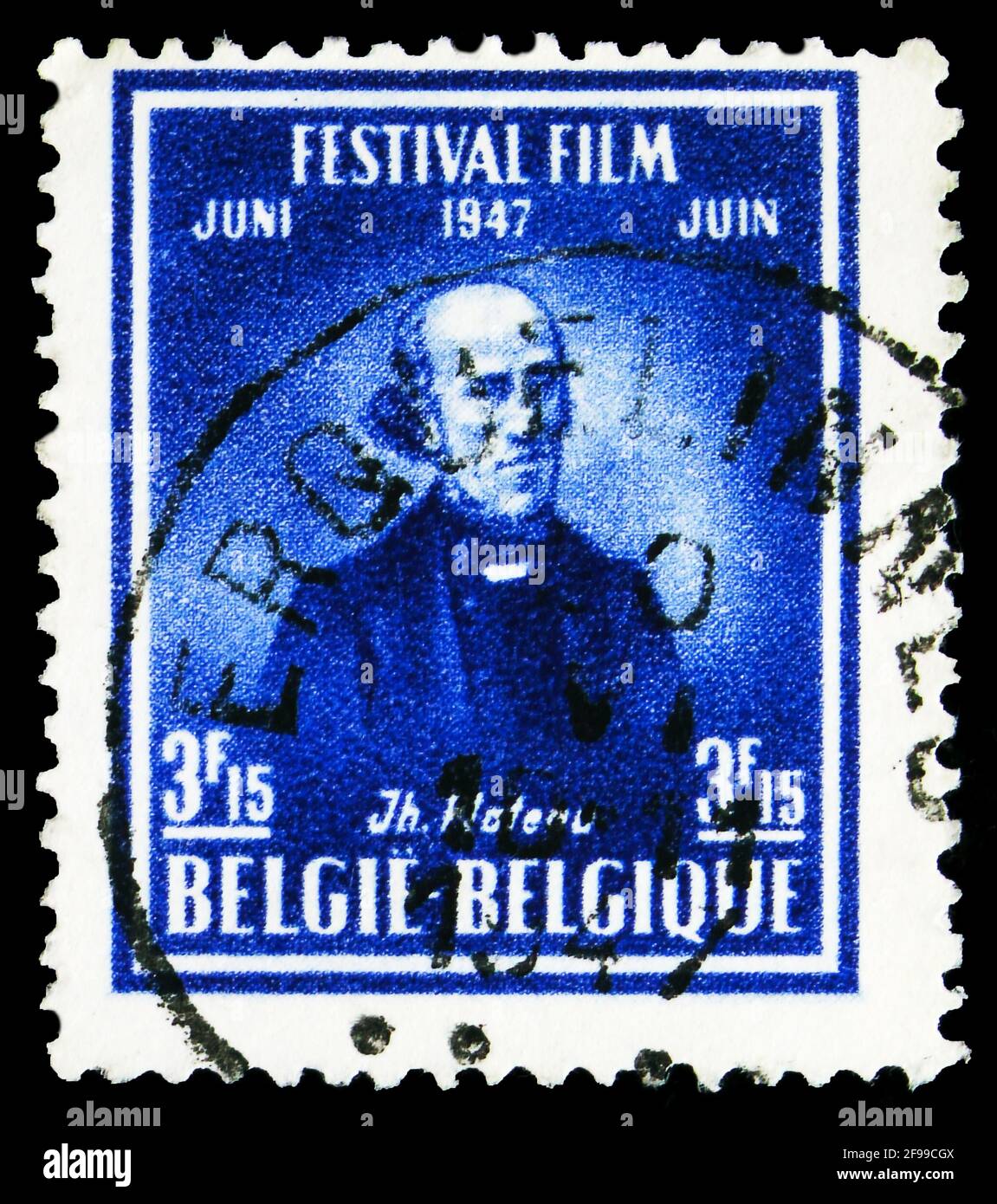 MOSKAU, RUSSLAND - 4. NOVEMBER 2019: Die in Belgien gedruckte Briefmarke zeigt Joseph Plateau, Film Festival Brussels, Serie, um 1947 Stockfoto