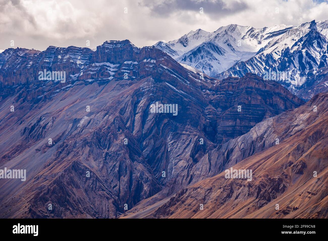 Himalaya-Faltenberge bilden sich, wenn sich zwei tektonische Platten an der konvergenten Plattengrenze aufeinander zubewegen, Kräfte, die für die Bildung der Falte verantwortlich sind Stockfoto