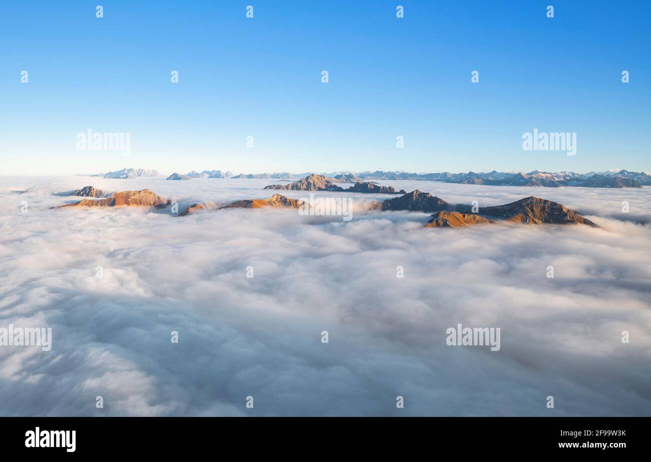 Berggipfel über Wolken bedecken an einem sonnigen Herbsttag. Im Vordergrund Tannheimer Berge (Allgäuer Alpen). Im Hintergrund Wetterstein, Mieminger Kette und Lechtaler Alpen. Tirol, Österreich, Europa Stockfoto