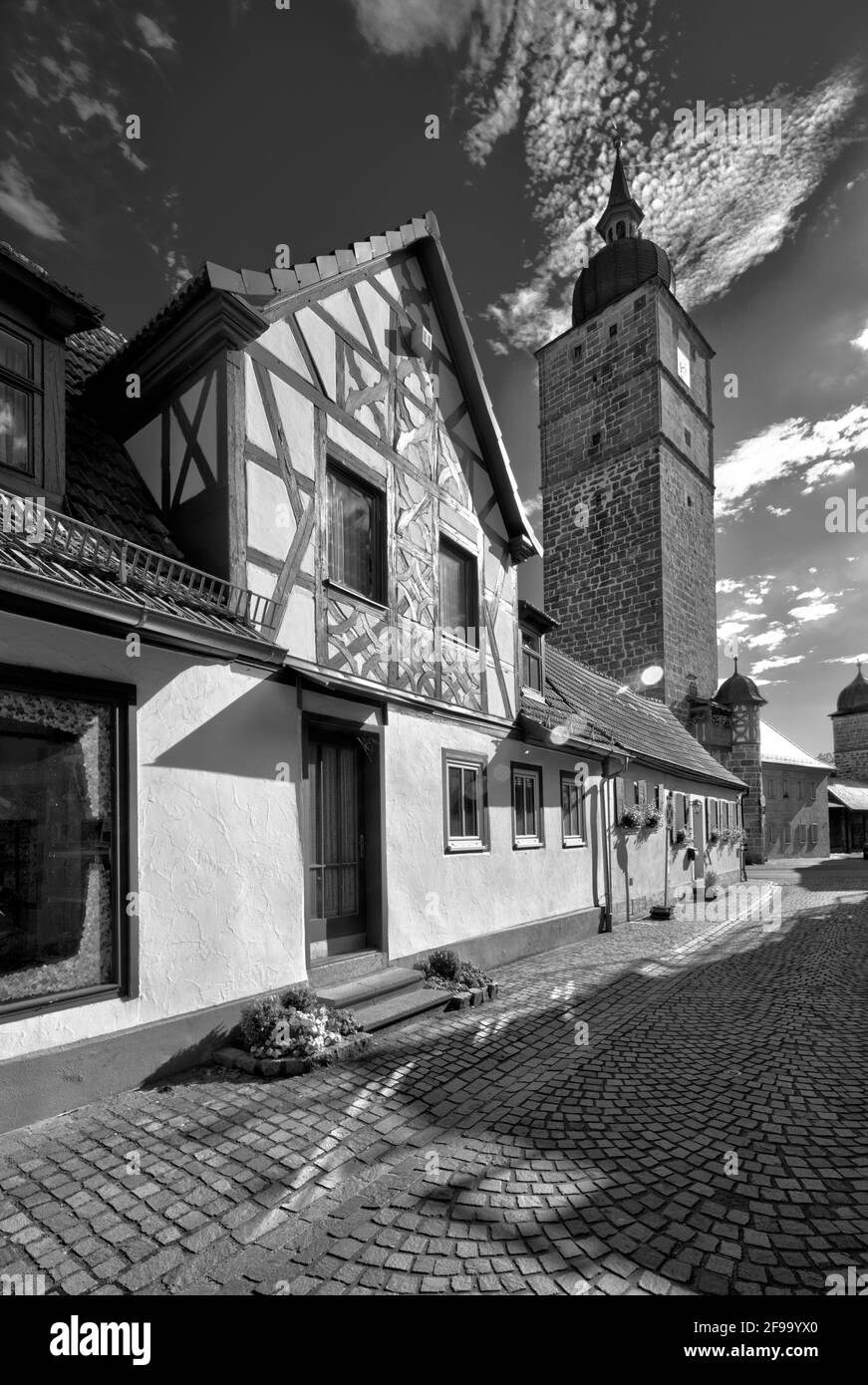 Grauturm, Torturm, Wahrzeichen, Fachwerk, Fassade, Architektur, Haßberge, Ebern, Franken, Bayern, Deutschland, Europa Stockfoto