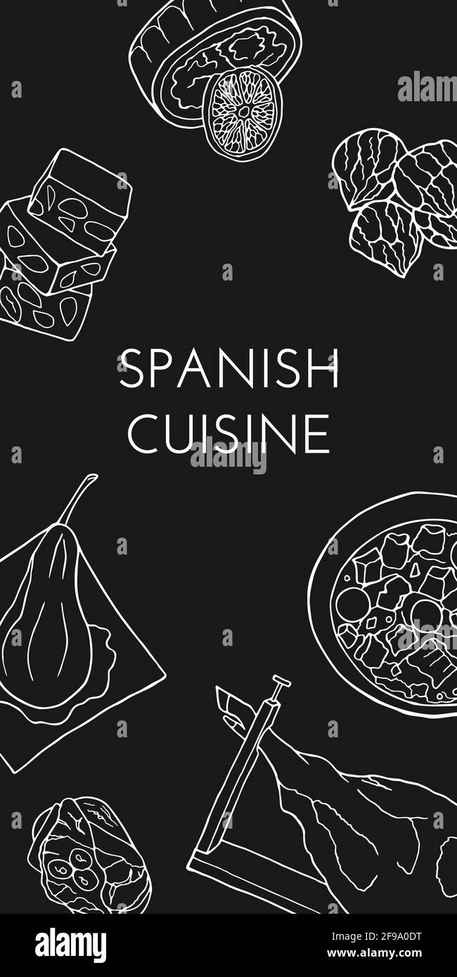 Handgezeichnetes Poster mit Gerichten der traditionellen spanischen Küche und Desserts. Design Skizzenelement für Menü Café, Bistro, Restaurant, Bäckerei und Verpackung. Stock Vektor