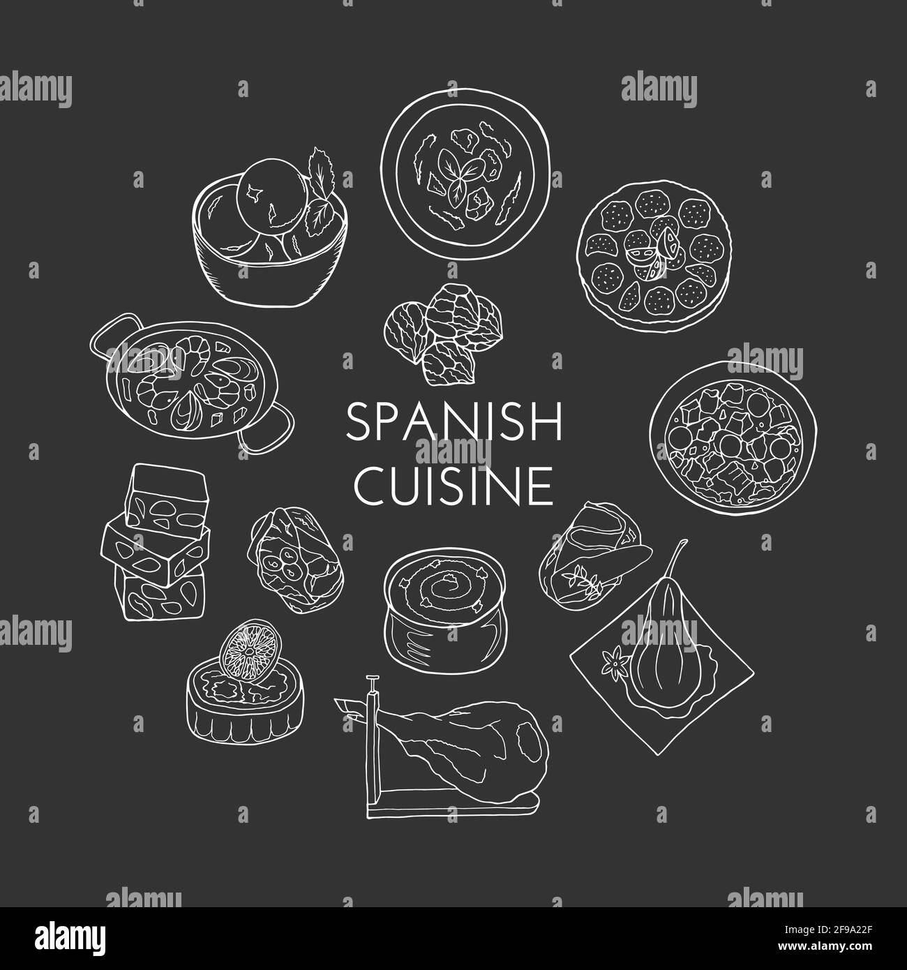 Handgezeichnete Gerichte und Desserts der traditionellen spanischen Küche. Design Skizzenelement für Menü Café, Bistro, Restaurant, Bäckerei und Verpackung. Vektor i Stock Vektor