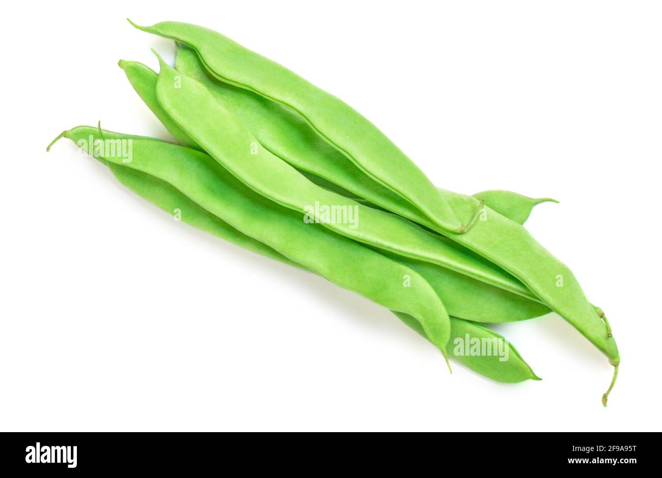 Grüne Bohnen isoliert auf weißem Hintergrund. Draufsicht auf frische Erbsenschoten. Bund von Bio-Bohnen Stockfoto