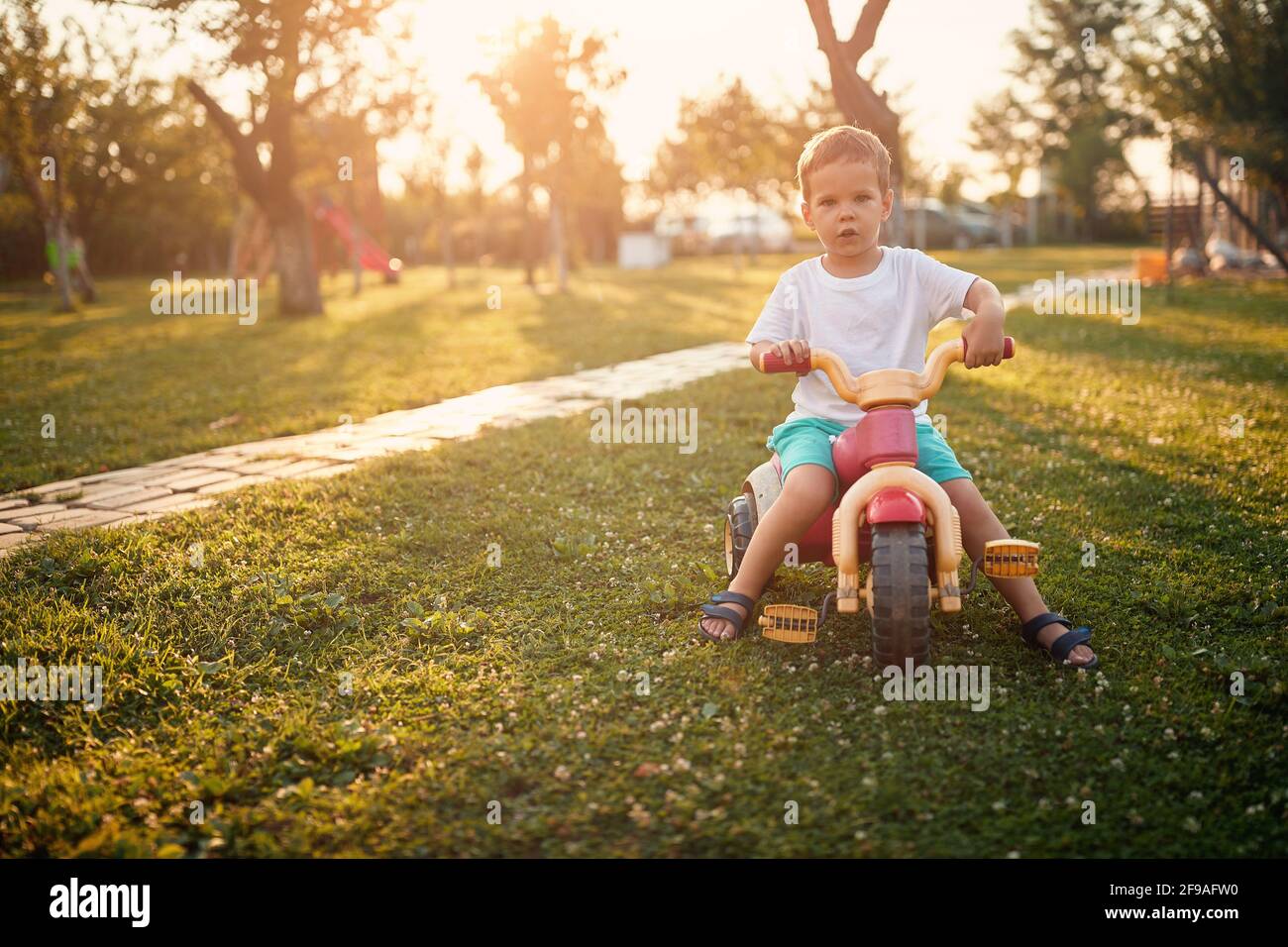 Ein kleiner Junge genießt es, an einem schönen sonnigen Tag Fahrrad auf dem Rasen auf dem Bauernhof zu fahren. Bauernhof, Land, Sommer Stockfoto