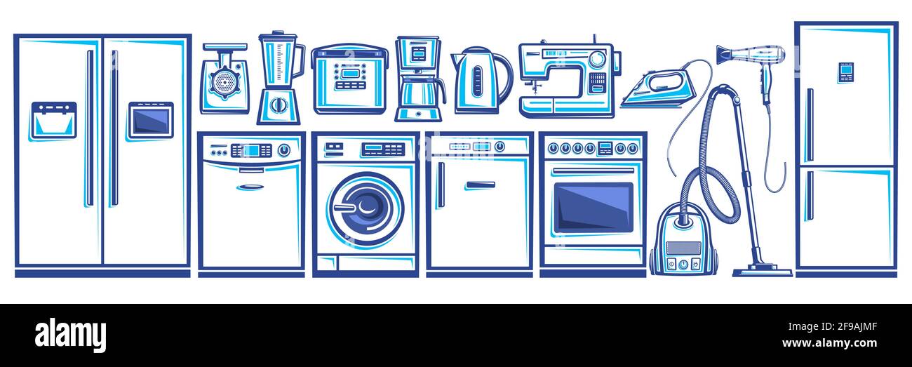 Vektor-Set von Haushaltsgeräten, Los-Sammlung von Ausschnitt skizzieren Illustrationen Haushalt und Küchengeräte für den Ladenverkauf, weißes horizontales Banner Stock Vektor