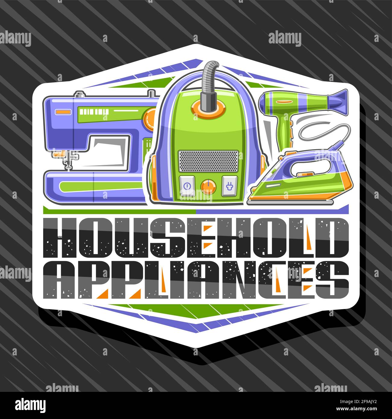 Vektor-Logo für Haushaltsgeräte, weiße dekorative Tafel mit Abbildung des mehrfarbigen Hausgerätes, kreatives Poster mit einzigartigem brus Stock Vektor