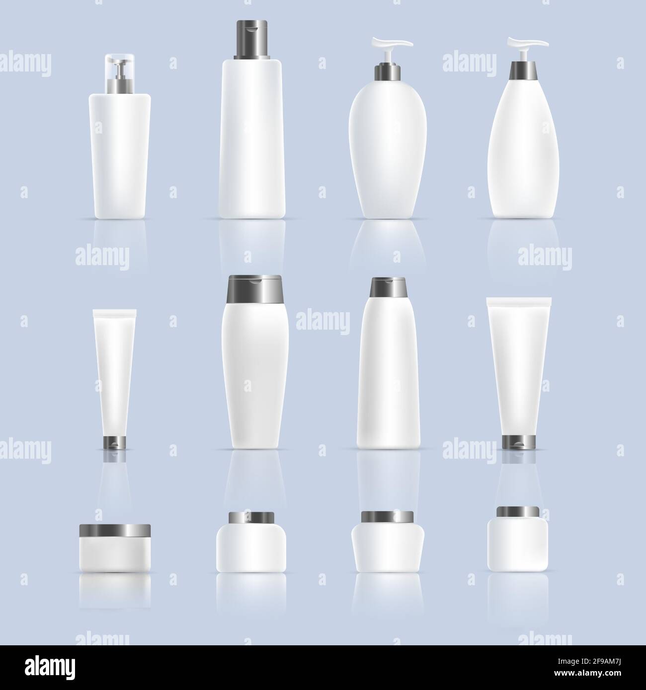 Set aus verschiedenen Flaschen, Gläsern und Tuben von Kosmetikprodukten auf blauem Hintergrund isoliert. Verpackungen für natürliche Bio-Kosmetik, Produkte für die Hautpflege und Spa-Behandlungen. Beauty-Produkte Konzept. Stock Vektor