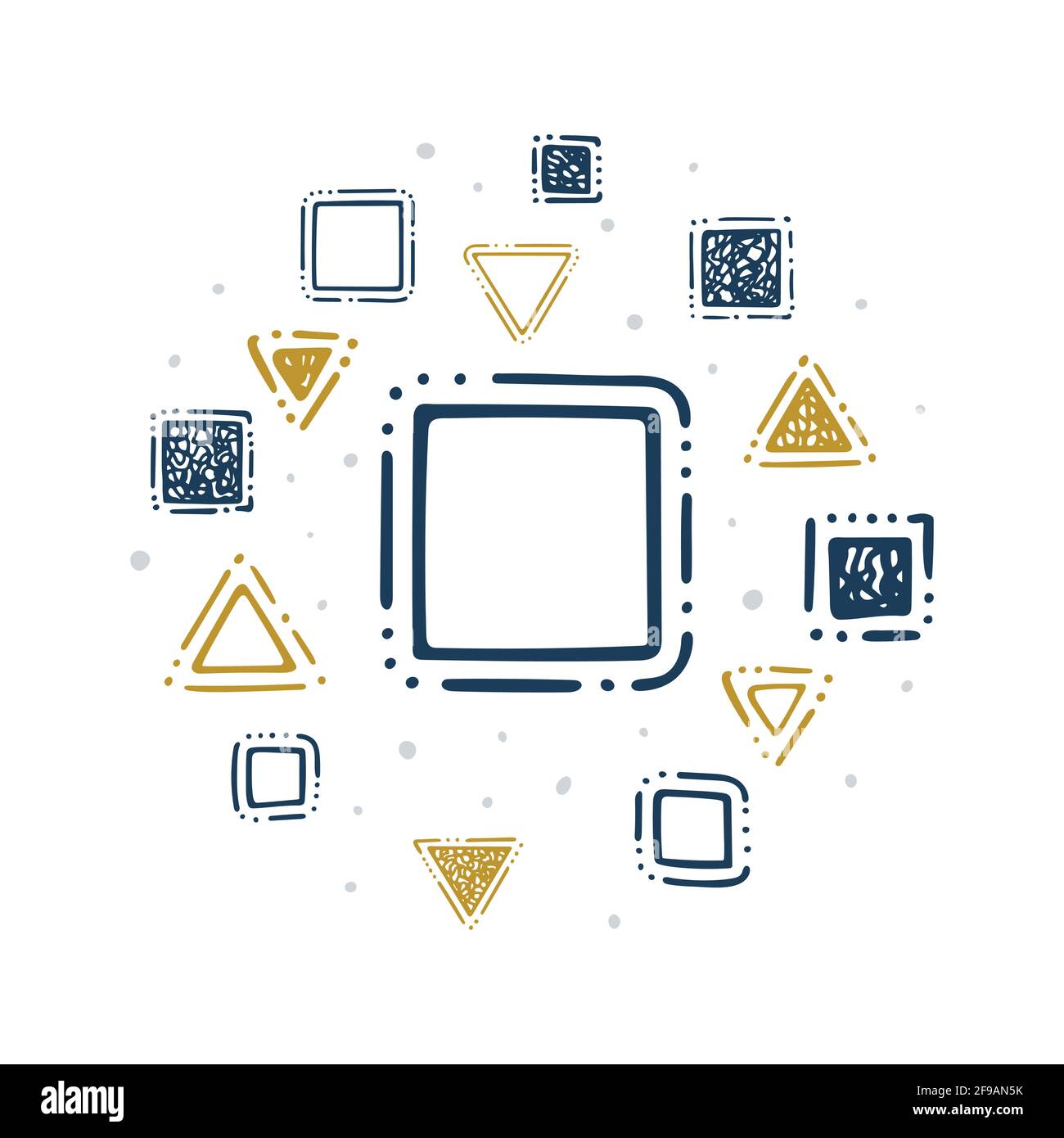 Abstrakter geometrischer Hintergrund mit Quadraten, Dreiecken und Punkten. Handgezeichnete Symbole für geometrische Zeichen. Teil des Sets. Teil des Sets. Stock Vektor