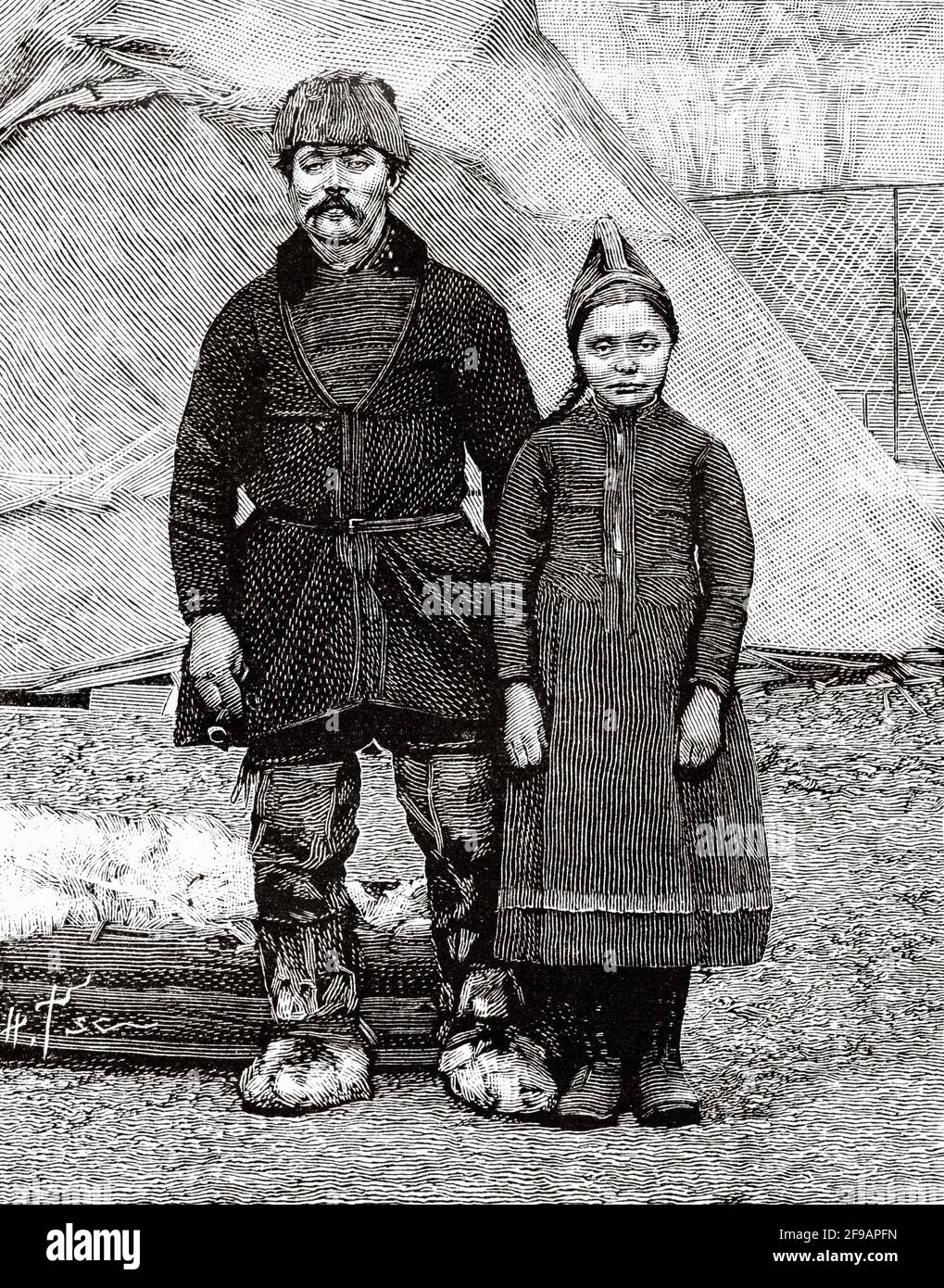 Lappland-Mann und seine Tochter in traditioneller Kleidung. Norwegen Skandinavien. Alte, gravierte Illustration aus dem 19. Jahrhundert von La Nature 1889 Stockfoto