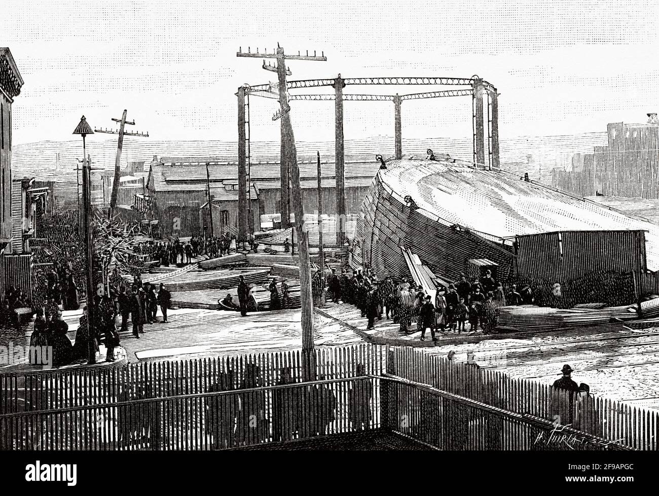 Brooklyn Gas Explosion, Januar 1889. New York City, USA, USA. Alte, gravierte Illustration aus dem 19. Jahrhundert von La Nature 1889 Stockfoto