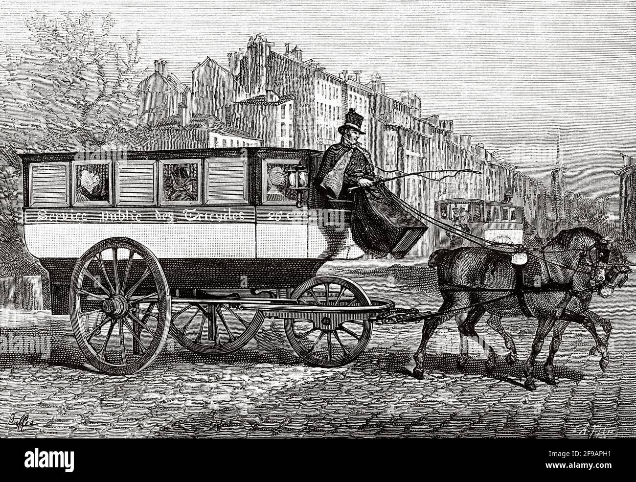 Omnibus oder Dreirad mit drei Rädern, das von zwei Pferden gezogen wird. Alte, gravierte Illustration aus dem 19. Jahrhundert von La Nature 1889 Stockfoto