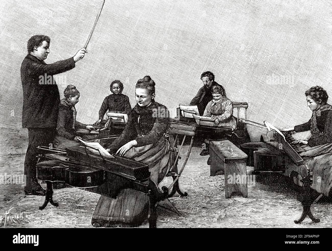 Monochord-Konzert mit jungen Mädchen aus dem Steindorf Meurthe-et-Moselle. Frankreich. Europa. Alte, gravierte Illustration aus dem 19. Jahrhundert von La Nature 1889 Stockfoto