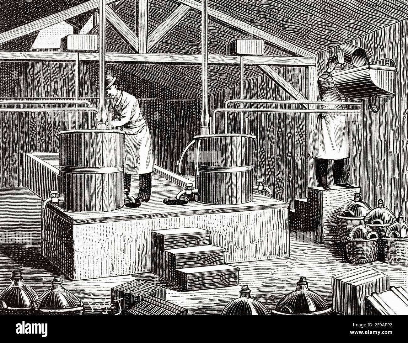 Sprengstofffabrik. Nitroglycerin-Verarbeitungsanlage im Val Bormida 1889, Cengio. Italien, Europa. Alte, gravierte Illustration aus dem 19. Jahrhundert von La Nature 1889 Stockfoto