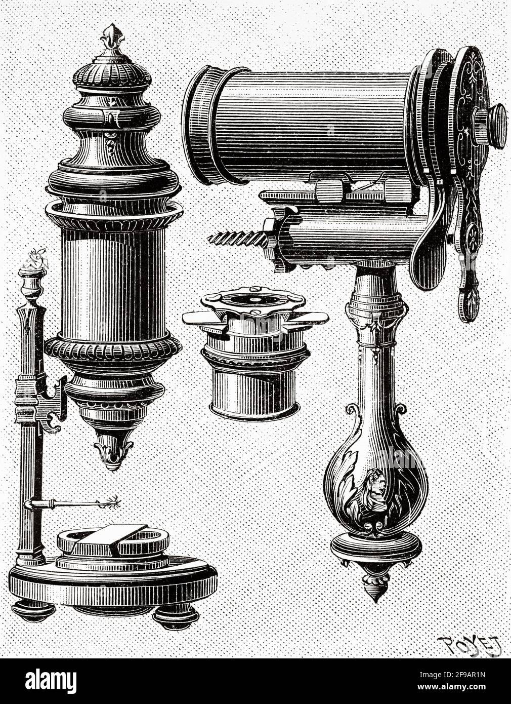 Mikroskop von Louis Joblot (1645-1723) Alte gravierte Illustration aus dem 19. Jahrhundert Von La Nature 1889 Stockfoto