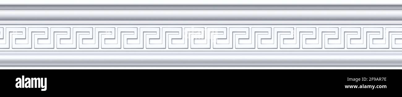Nahtloses Muster aus weißem klassischen Schimmel-Eckig mit klassischem Mäander-Ornament für die Innenwand-Gestaltung. Wiederholender Gipsputz-Fries für die deckenabseilungen Stockfoto