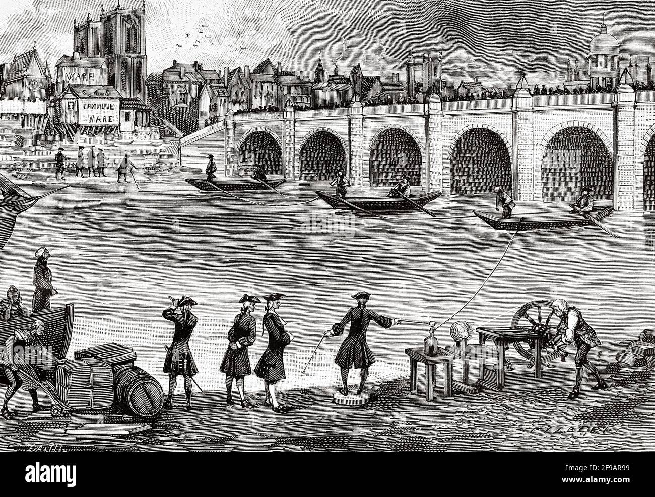 Stromexperiment durchgeführt von William Watson (1715-1787) an den Ufern der Themse im achtzehnten Jahrhundert, England. Alte, gravierte Illustration aus dem 19. Jahrhundert von La Nature 1889 Stockfoto