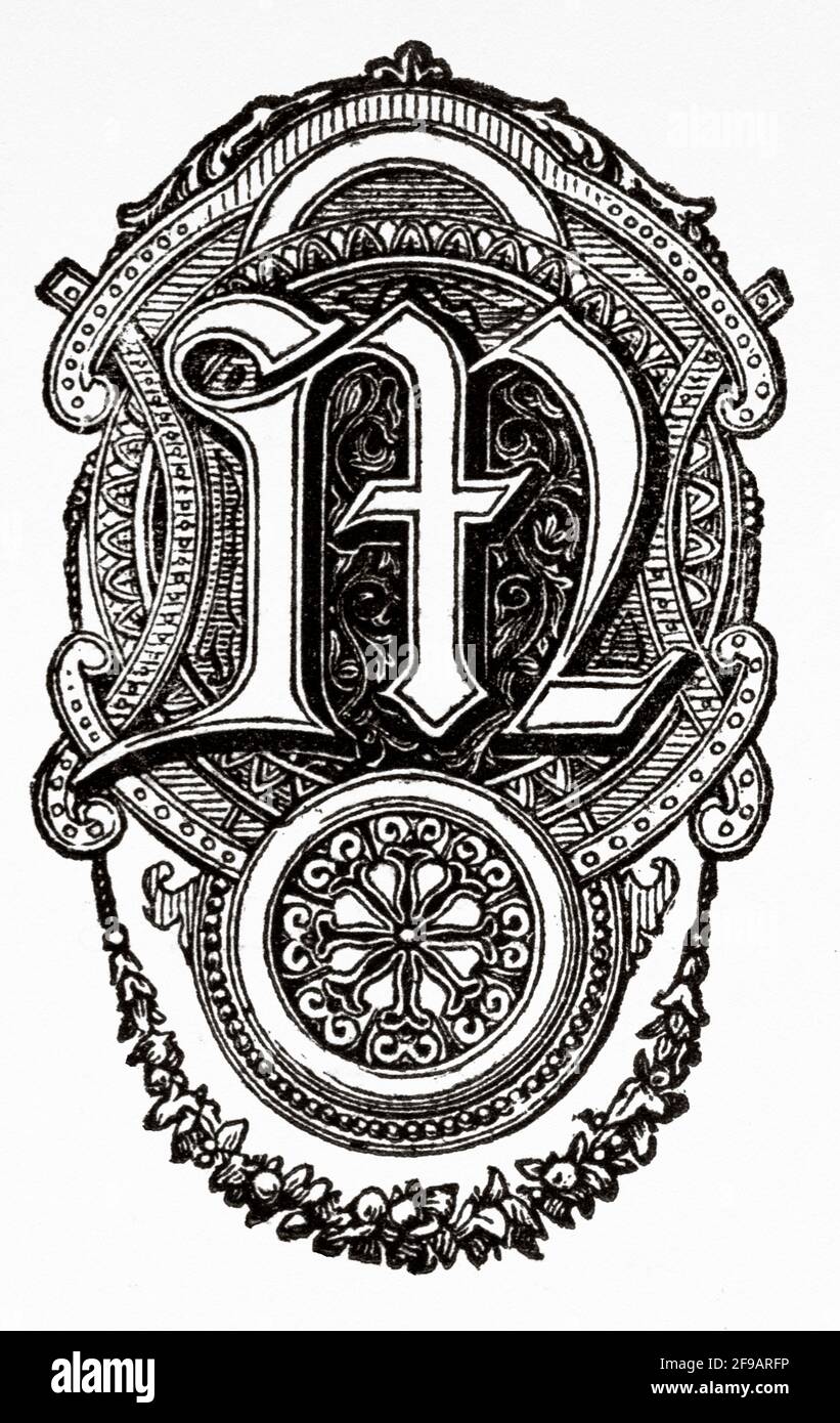 Dekorativer Großbuchstabe M. Altes 19. Jahrhundert gravierte Illustration aus Souvenirs de la Reformation en Italie 1883 von John Stoughton (1807-1897) Stockfoto
