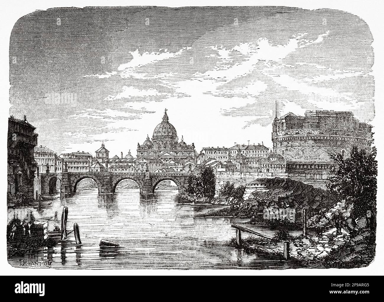 Gesamtansicht der Stadt Rom mit dem Fluss Tiber die Engelsburg und die Basilika St. Peter, Ende des 19. Jahrhunderts. Italien, Europa. Alte Illustration aus dem 19. Jahrhundert von Souvenirs de la Reformation en Italie 1883 von John Stoughton (1807-1897) Stockfoto