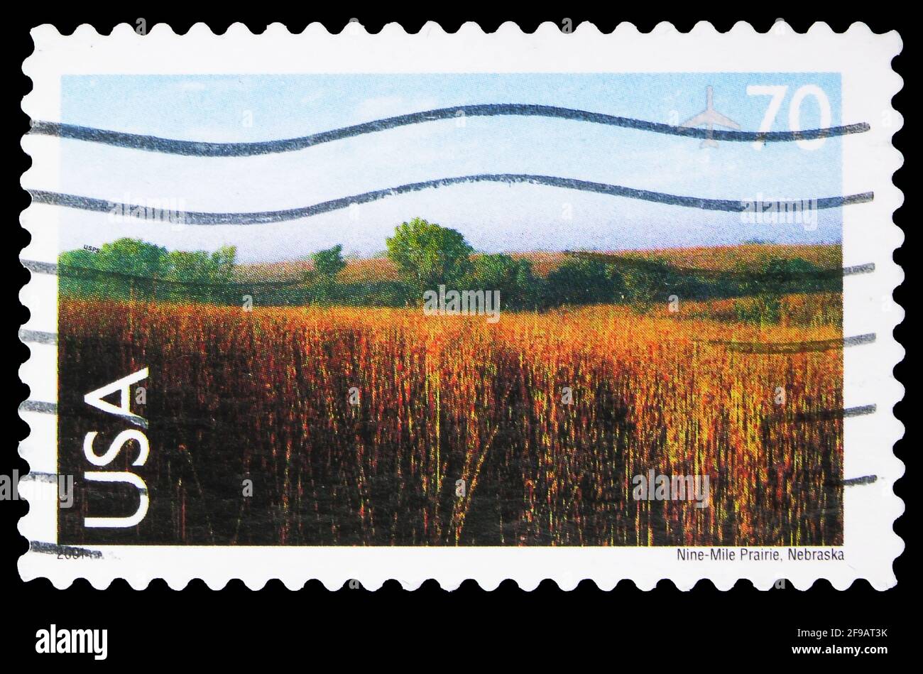 MOSKAU, RUSSLAND - 22. SEPTEMBER 2019: Die in den Vereinigten Staaten gedruckte Briefmarke zeigt Nine-Mile Präraim, Nebraska, Landscapes Serie, um 2001 Stockfoto