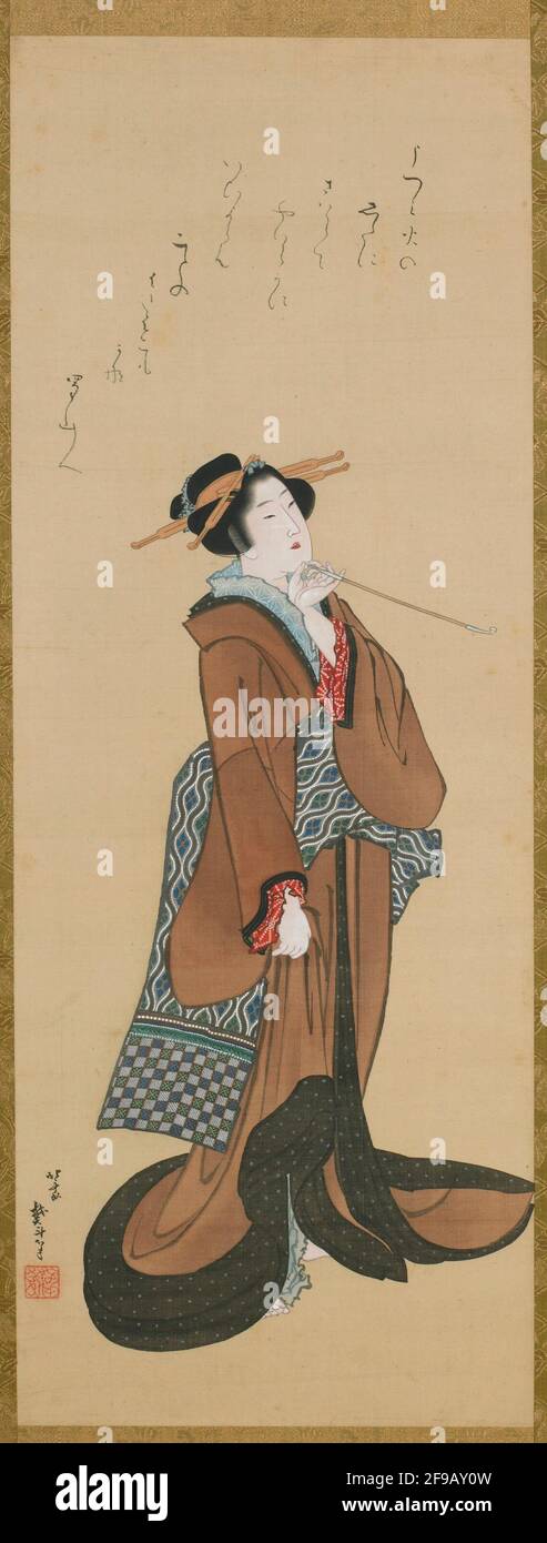 Frau mit Tabakpfeife, ca. 1814-1815. Möglicherweise von Katsushika Hokusai. Stockfoto