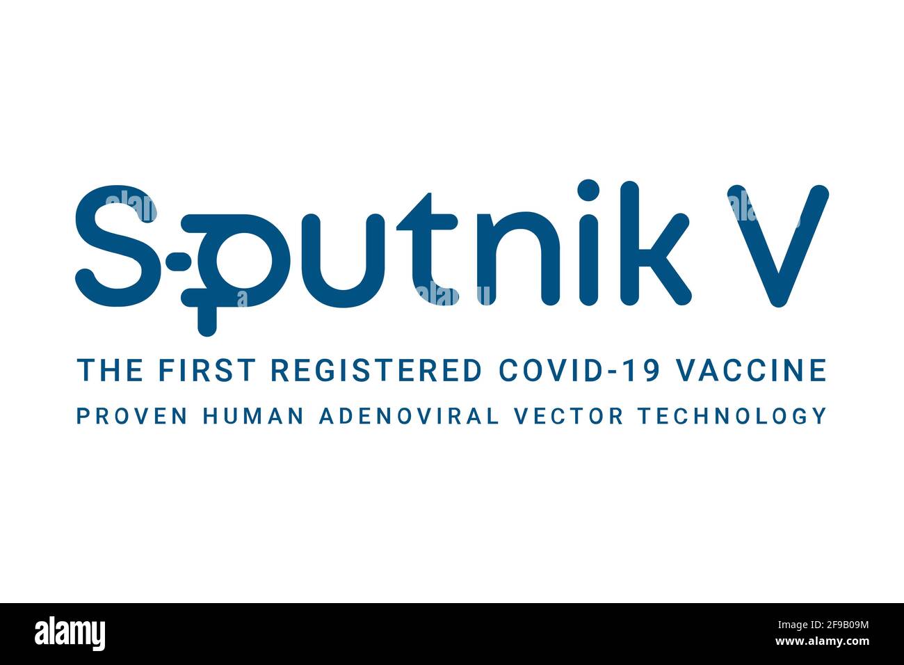 Charkow, Ukraine - 17. April 2021: Sputnik V-Logo auf weißem, isoliertem Hintergrund, COVID-19-Impfstoff-Pharmaunternehmen Stockfoto