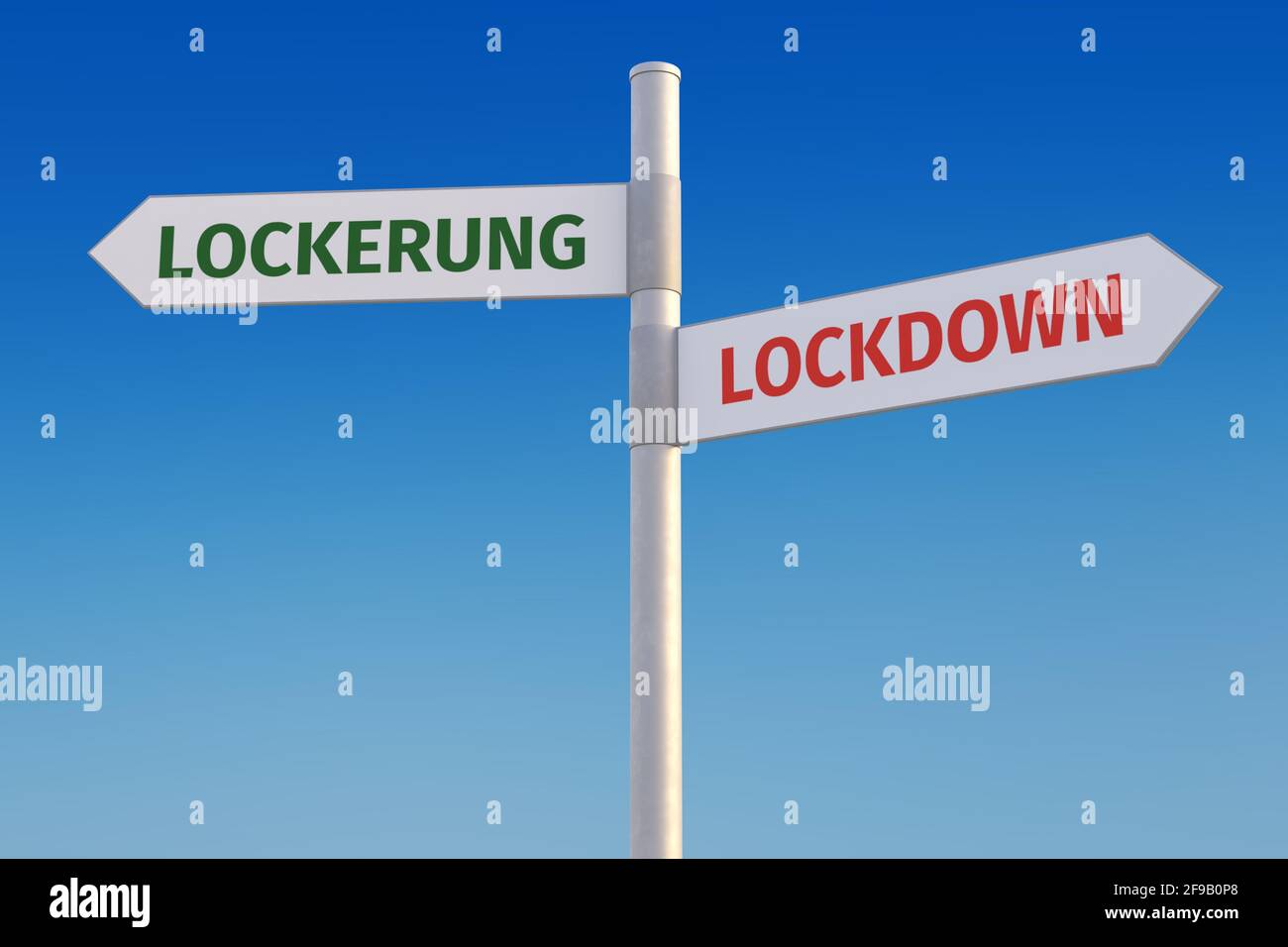 Corona Krisenkonzept: Lockdown oder Lockerung - zwei konträre Strategien, symbolisiert durch zwei Straßenschilder gegen ein Stockfoto