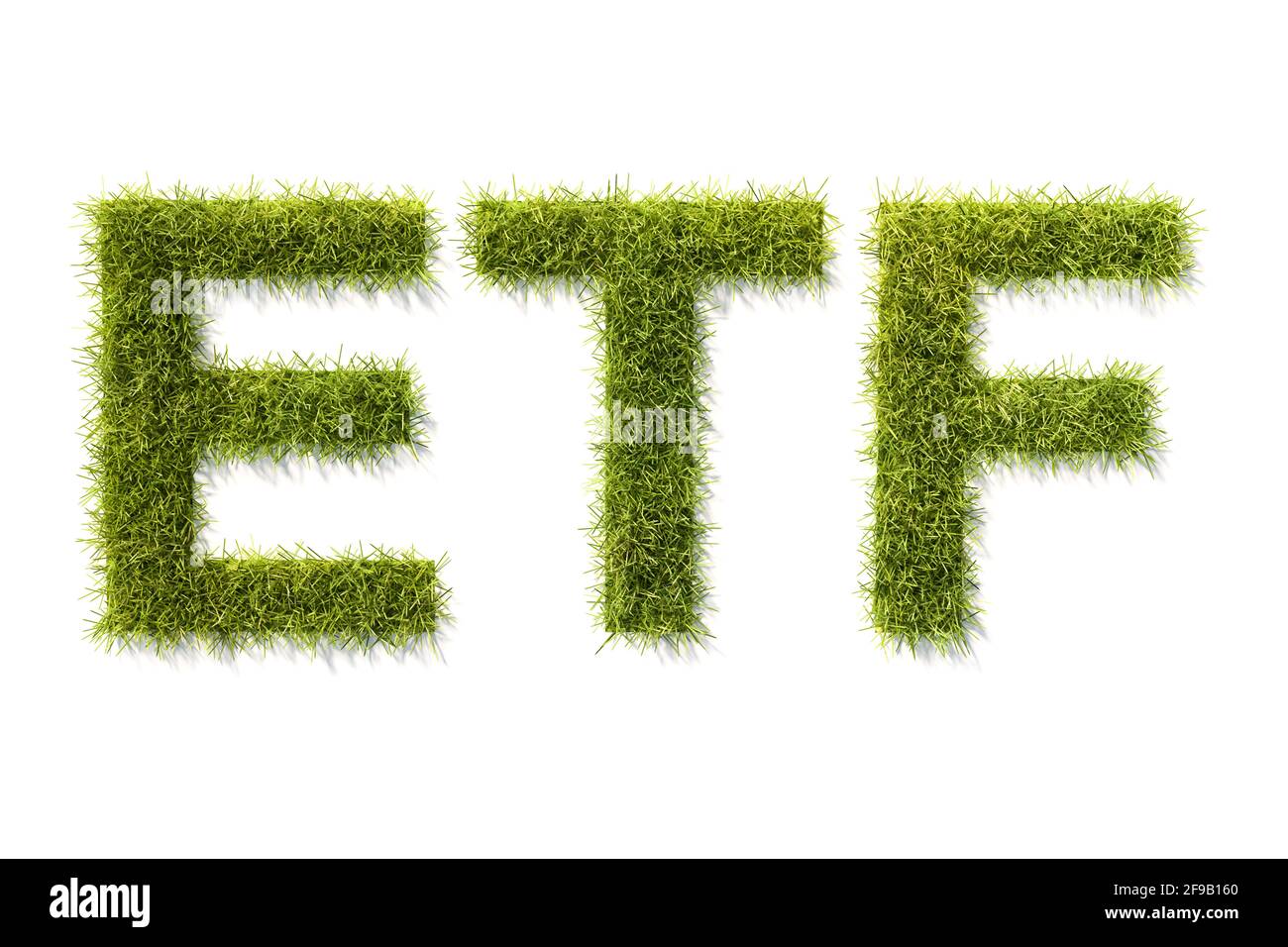 Grün Gras Buchstaben ETF isoliert auf weiß mit Schatten. Konzept für Exchange Traded Funds, die nach den Standards der Umweltstandards (Social Governance) anlegen. Stockfoto