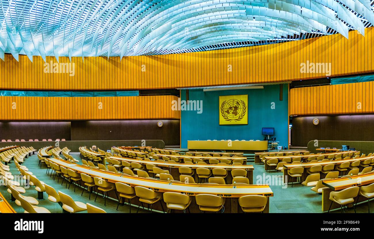 GENF, SCHWEIZ, 20. JULI 2017: Eine Versammlungshalle im Palast der Nationen - UN-Hauptquartier in Genf, Schweiz Stockfoto
