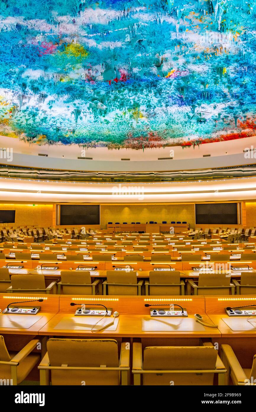 GENF, SCHWEIZ, 20. JULI 2017: Eine Versammlungshalle im Palast der Nationen - UN-Hauptquartier in Genf, Schweiz Stockfoto