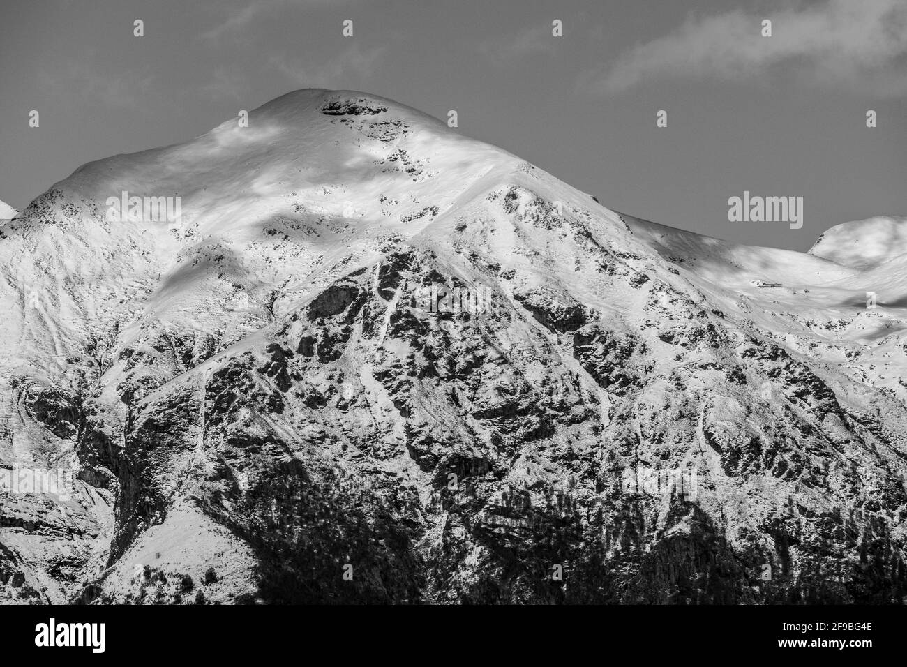 Graustufenaufnahme des schneebedeckten Bergfeldes Stockfoto