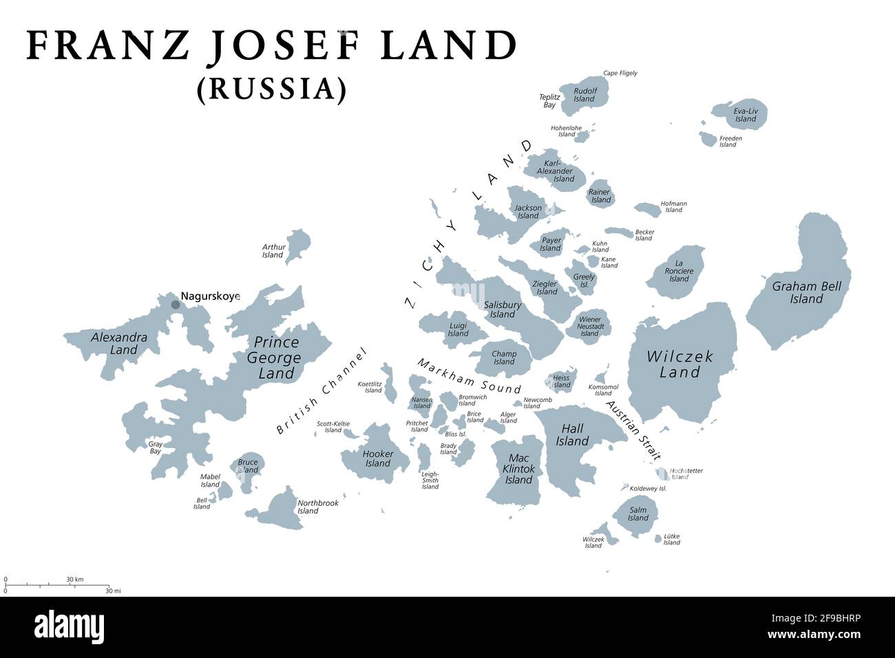Franz Josef Land, graue politische Landkarte. Russische Inselgruppe im Arktischen Ozean, nördlichster Teil des Archangelsk-Gebiets. Stockfoto