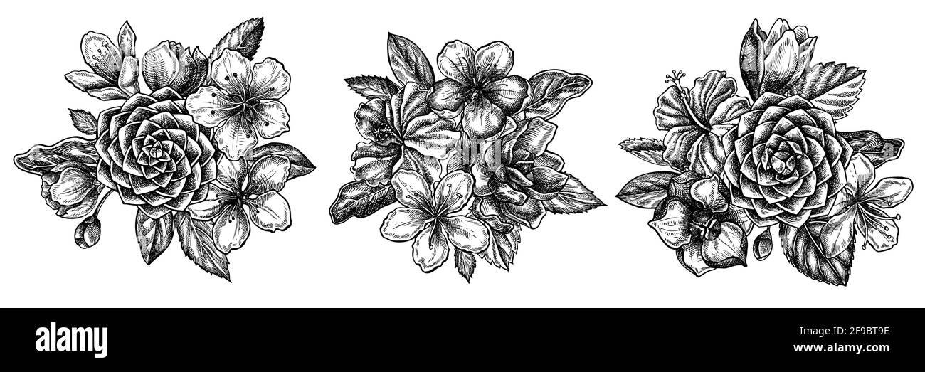 Blumenstrauß aus schwarzem und weißem Hibiskus, Pflaumenblüten, Pfirsichblüten, Sakura-Blüten, Magnolienblüten, camellia japonica Stock Vektor