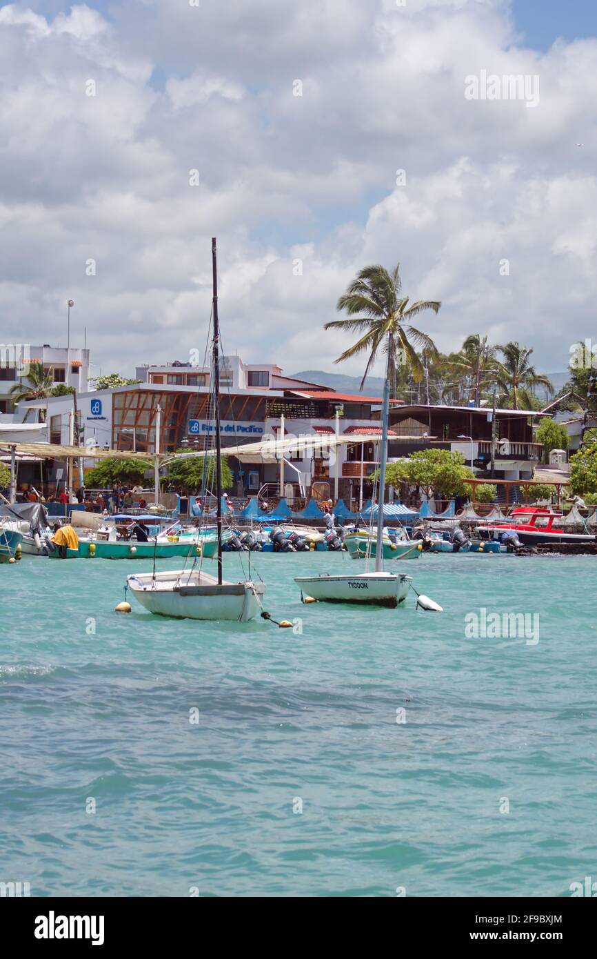 Segel- und Fischerboote liegen auf dem Fischmarkt in Puerto Lopez, Insel Santa Cruz, Galapagos, Ecuador Stockfoto