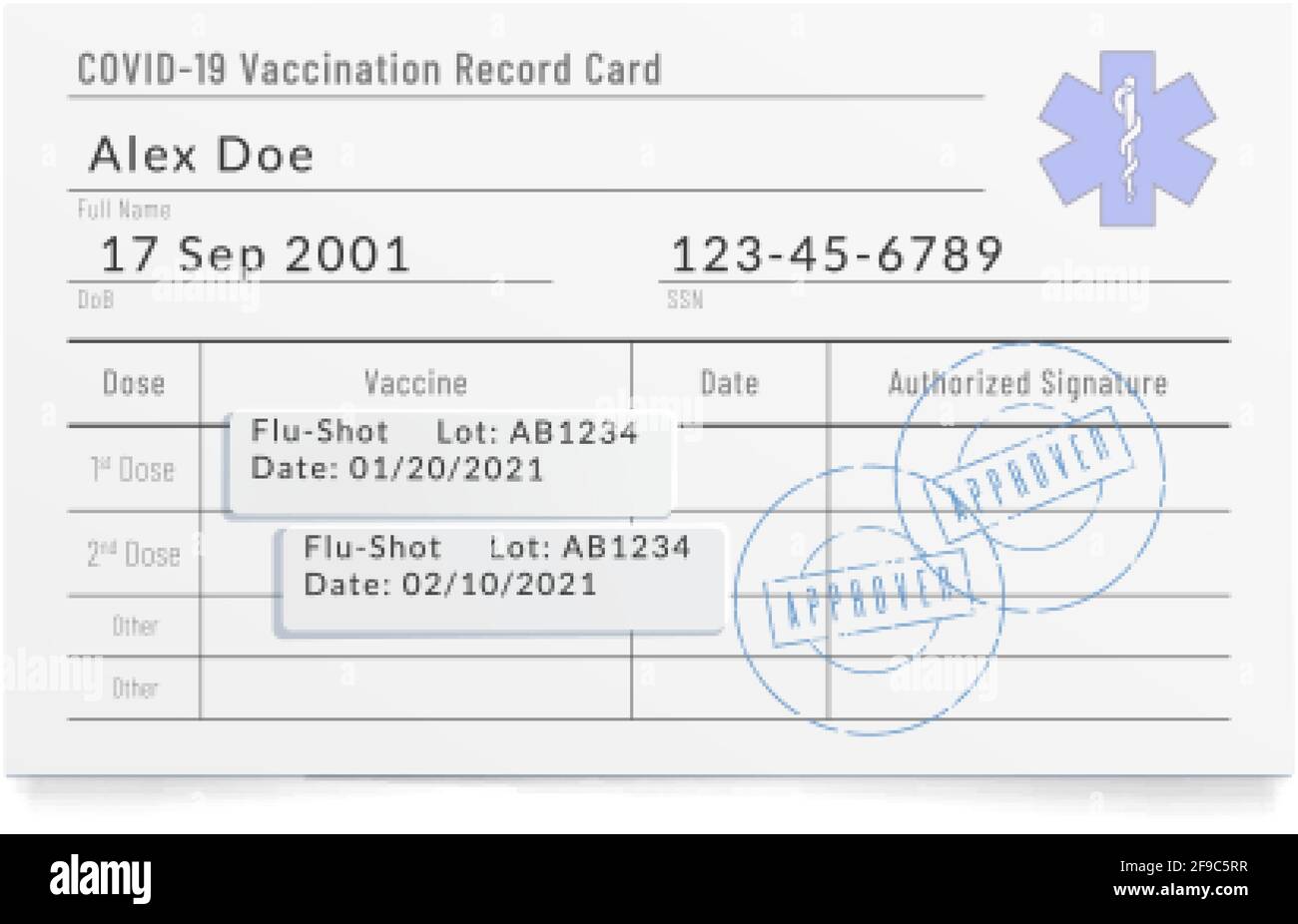 Impfpass mit Zulassungsstempel ausgefüllt Stock Vektor