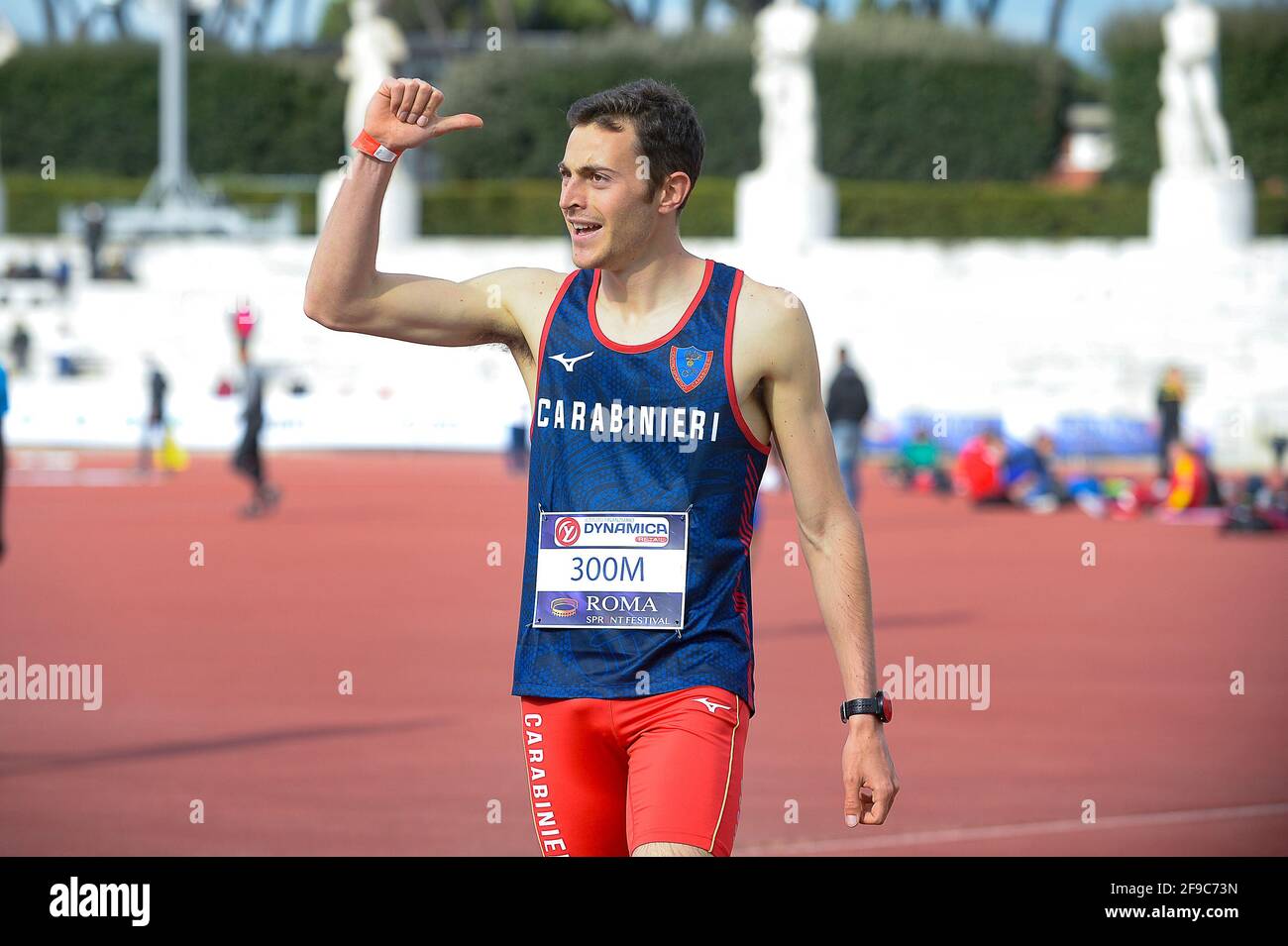 Rom, Italien, 16. April 2021 das Stadio dei Marmi in Rom mit dem Olympiastadion im Hintergrund beim Roma Sprint Festival 2021 Credit:Roberto Ramaccia/Alamy Live News Stockfoto