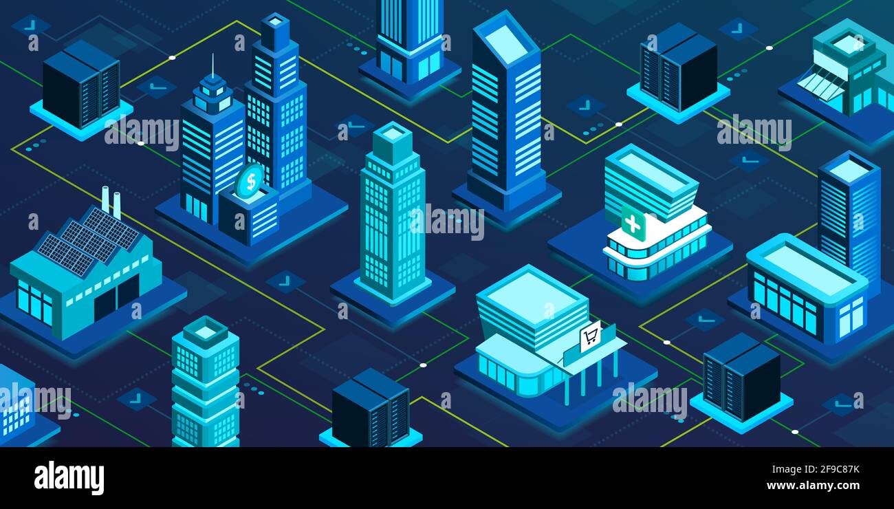 Virtuelles Smart City-Netzwerk, Online-Dienste und innovative Technologie Stock Vektor