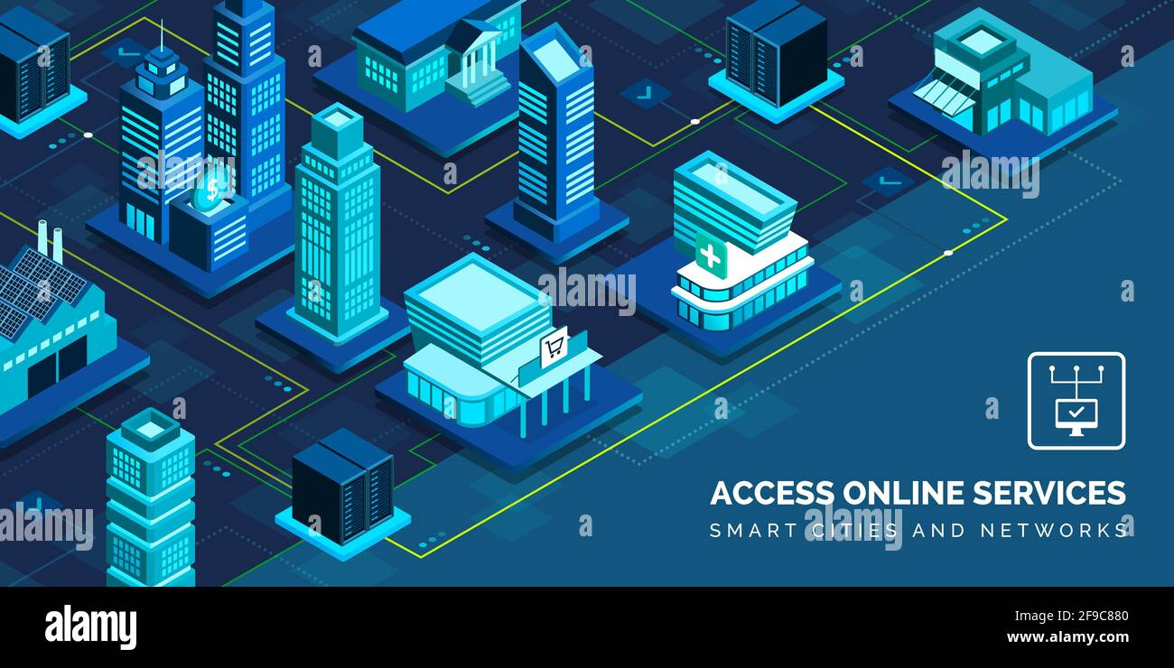 Virtuelles Smart City-Netzwerk, Online-Dienste und innovative Technologie Stock Vektor