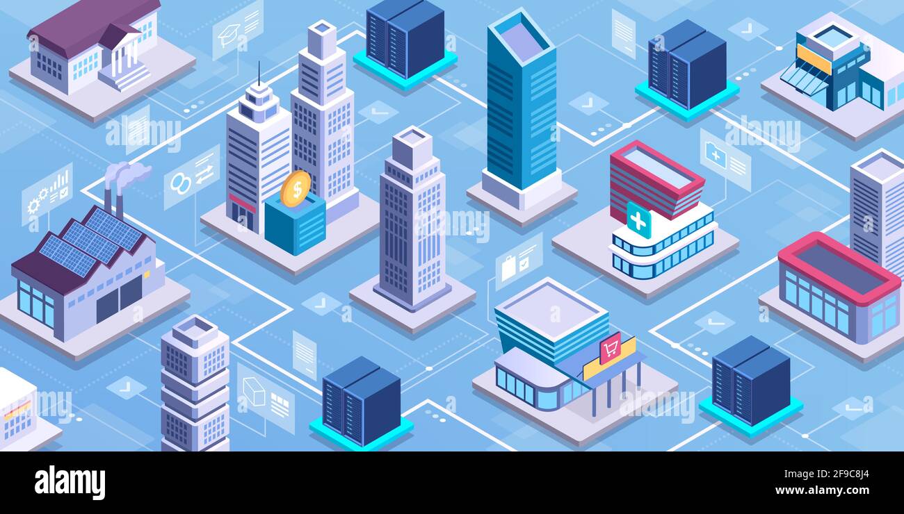 Smart City-Netzwerk und Online-Services: Gesundheitswesen, Industrie, Finanzen, Einzelhandel, Bildung Stock Vektor