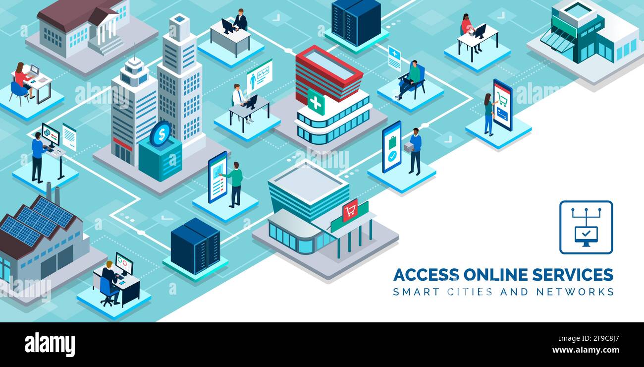 Smart City- und Online-Services: Gesundheitswesen, Einzelhandel, Finanzen, Industrie, Bildung Stock Vektor