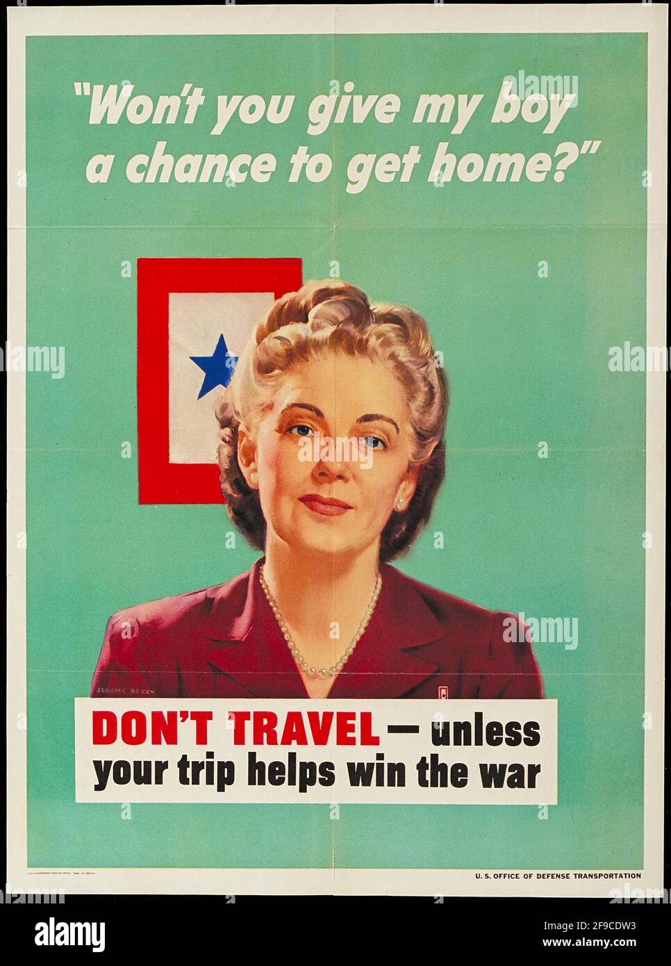 Ein amerikanisches Plakat aus dem 2. Weltkrieg, auf dem die Menschen aufgefordert werden, weniger zu reisen Kraftstoff sparen Stockfoto