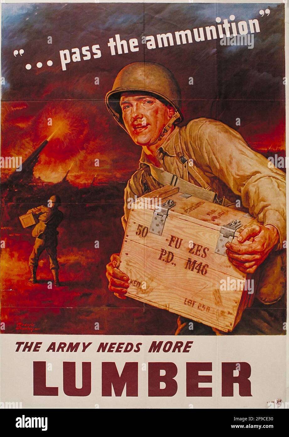 Ein amerikanisches Plakat aus dem 2. Weltkrieg über die zunehmende Holzproduktion in der Kriegsanstrengungen Stockfoto