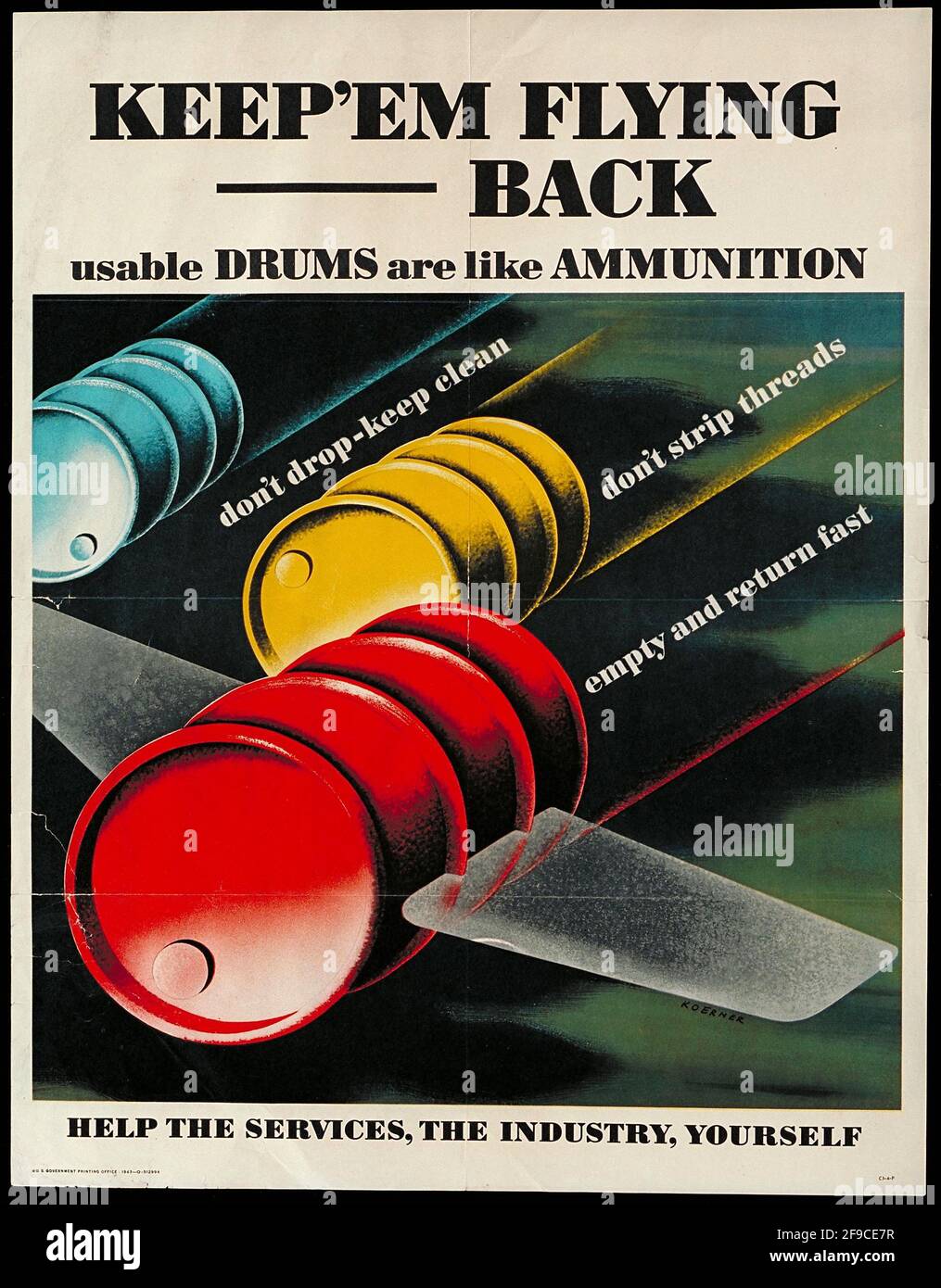 Ein amerikanisches Plakat aus dem 2. Weltkrieg, auf dem Menschen aufgefordert werden, Schrott zu recyceln Fässer und Trommeln für die Kriegsanstrengungen Stockfoto