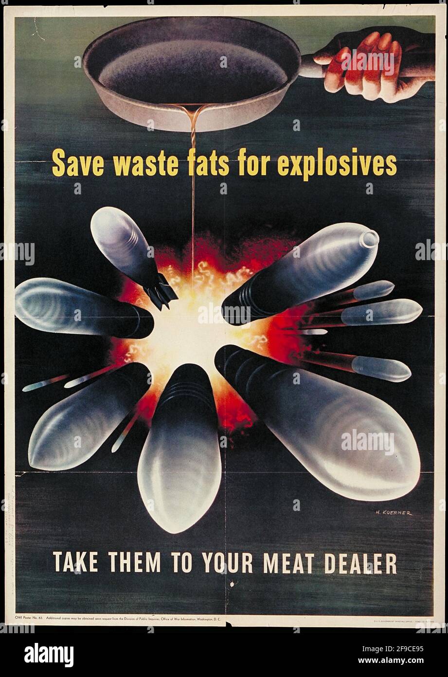 Ein amerikanisches Plakat aus dem 2. Weltkrieg, auf dem Menschen aufgefordert werden, Schrott zu recyceln Fette für die explosive Herstellung Stockfoto