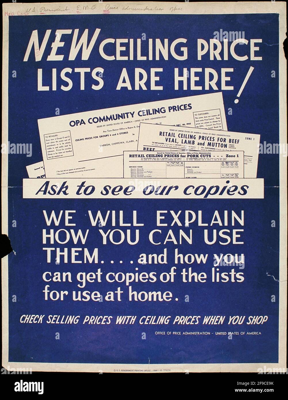 Ein amerikanisches Plakat aus dem 2. Weltkrieg, auf dem die Menschen über die maximalen Lebensmittelpreise informiert werden Um den Schwarzmarkt zu eliminieren Stockfoto