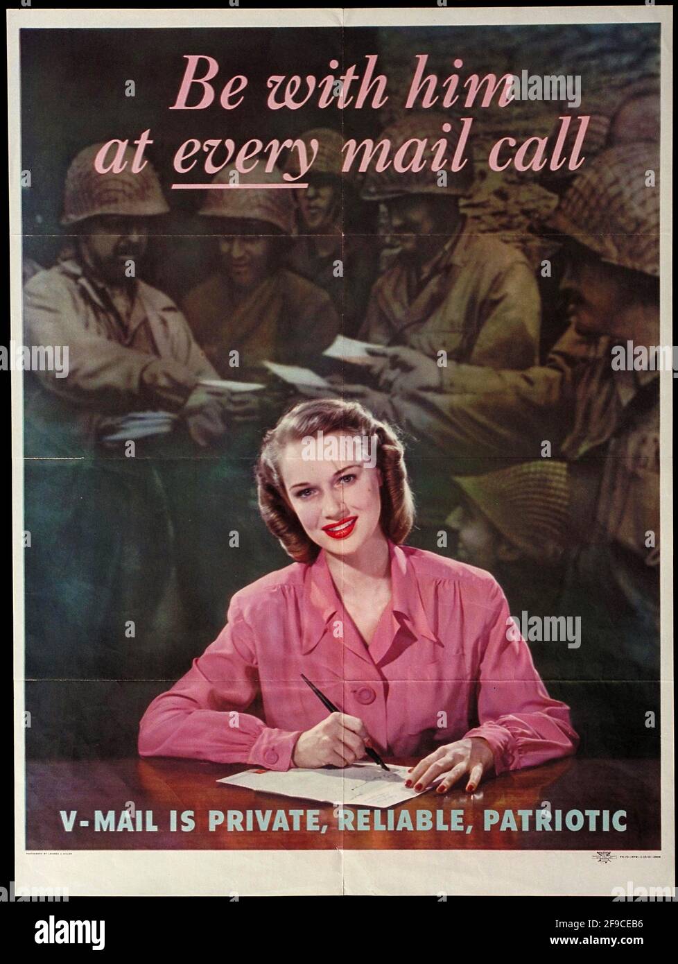 Ein amerikanisches Plakat aus dem 2. Weltkrieg, das Frauen auffordert, an ihre zu schreiben Menfolk im Dienst Stockfoto