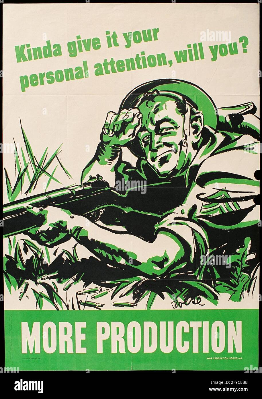 Ein amerikanisches Plakat zum 2. Weltkrieg über die zunehmende Produktion im Krieg Aufwand mit dem Slogan Mehr Produktion Stockfoto