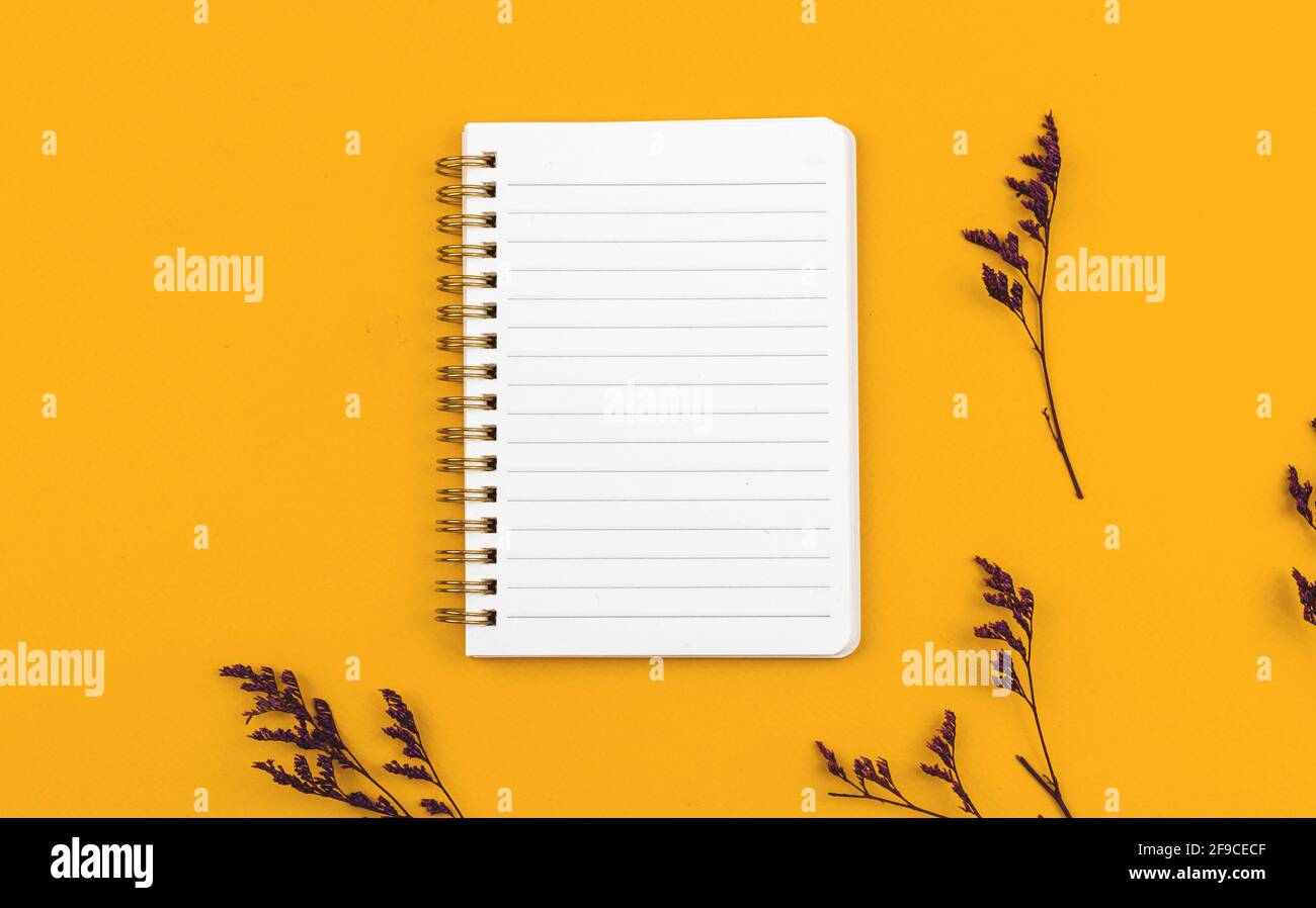 Schreibtisch mit leerem weißen Notizbuch und getrocknetem Gras, gelbem Hintergrund und flachem Lay-Konzept mit Platz für Kopien Stockfoto