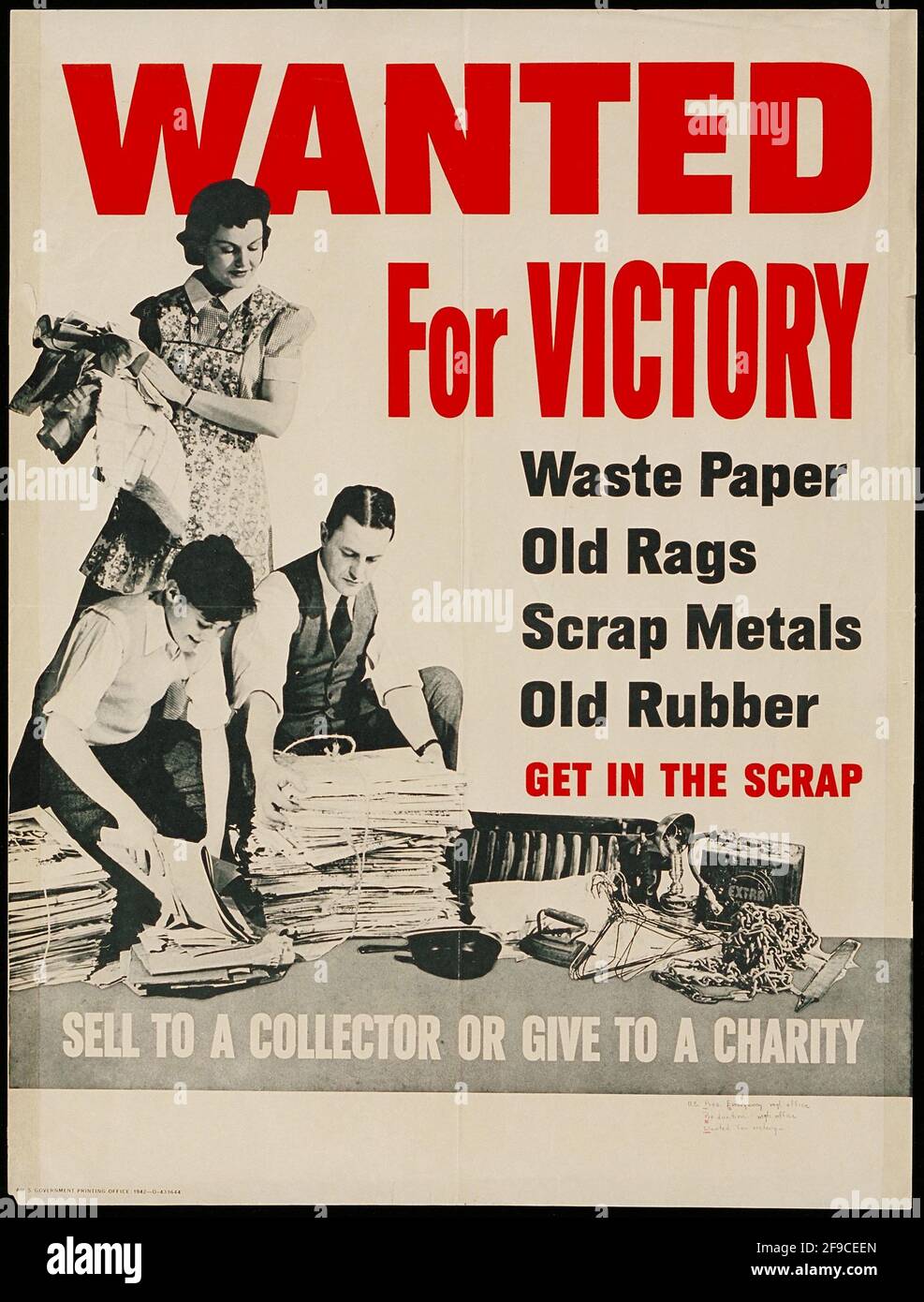 Ein amerikanisches Plakat aus dem 2. Weltkrieg, auf dem Menschen aufgefordert werden, Altpapier, Metall und Gummi für die Kriegsanstrengungen zu recyceln Stockfoto